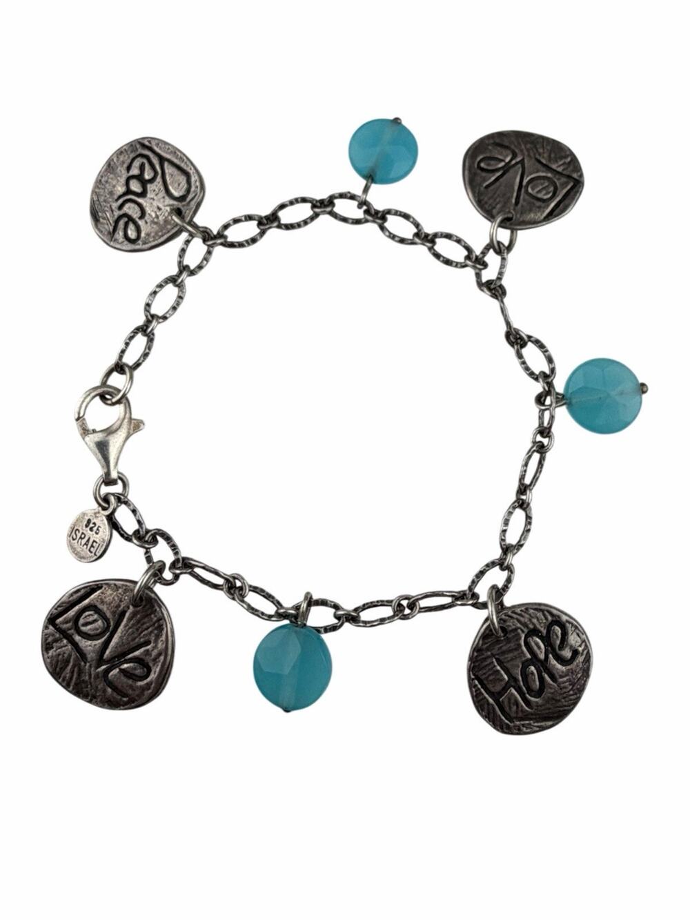 Israel Sterling Silver Bracelet 7.25" Blue Charm Love Hope Peace